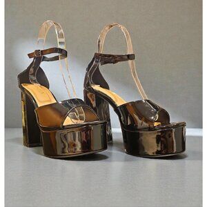 Metallic Black Platform High Heel Ankle Strap Sandals Glossy Patent Faux Leather